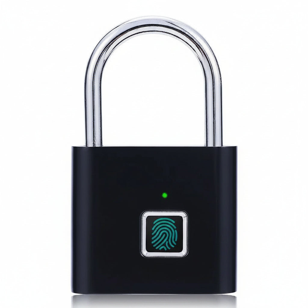 Smart fingerprint padlock with biometric sensor, USB rechargeable, Bluetooth app control, and waterproof design.