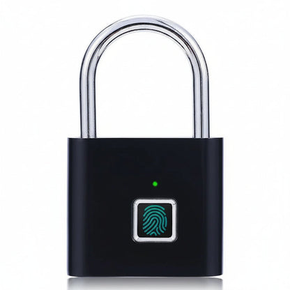 Smart fingerprint padlock with biometric sensor, USB rechargeable, Bluetooth app control, and waterproof design.