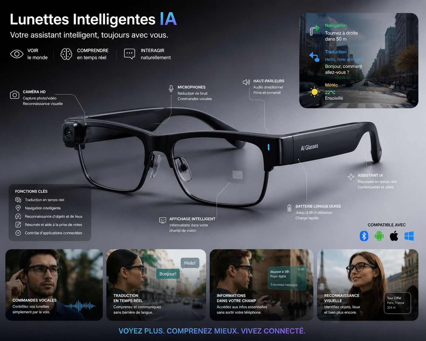 Lunettes IA Sport étanches avec assistant intelligent et capture vidéo HD